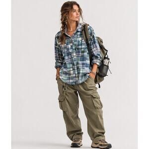 L.L. Bean Patchwork Plaid Shirt Women’s L Button Front Roll Tab Sleeve Outdoor M